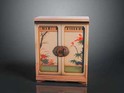 Traditional Painted Cabinet With Double Doors Bamboo Red Flowers And Light Top Design 3d model