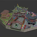 Cartoon Miniature Scene of Traditional Chinese Architecture With Curved Roofs Pond Small Bridge and Boat
