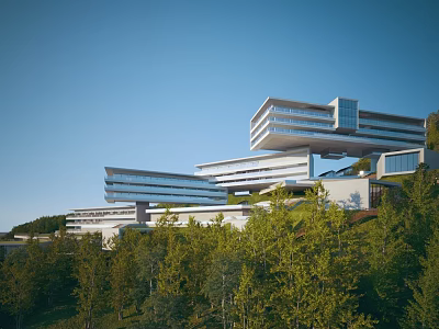 Modern Hillside Architectural Design Featuring White Horizontal Structures Large Windows And Green Trees 3d model