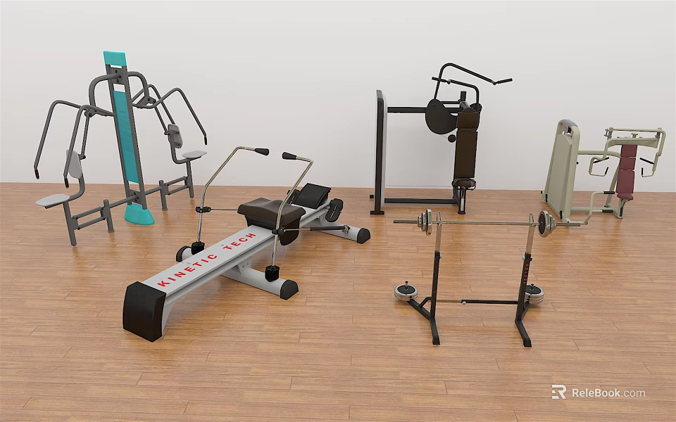 Various Sports Equipment Including Rowing Machine Barbell Stand And Fitness Bench In Gym 3d model 