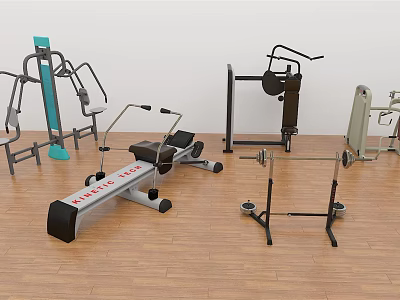 Various Sports Equipment Including Rowing Machine Barbell Stand And Fitness Bench In Gym 3d model