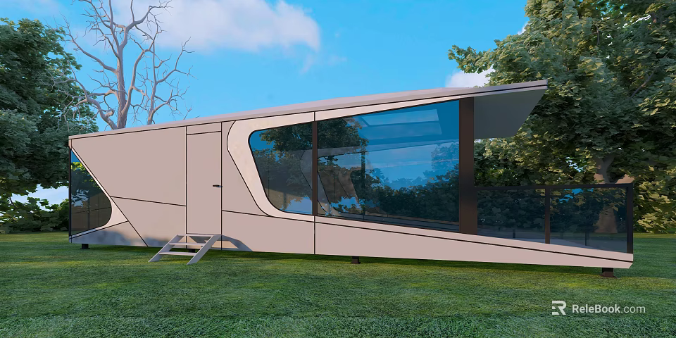 Modern Guesthouse Building With Geometric Exterior Large Glass Windows Green Lawn and Trees 3d model 