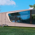 Modern Guesthouse Building With Geometric Exterior Large Glass Windows Green Lawn and Trees