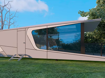 Modern Guesthouse Building With Geometric Exterior Large Glass Windows Green Lawn and Trees 3d model