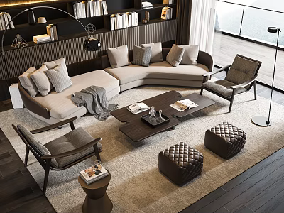 Modern Sofa Coffee Table Set In Living Room With Accent Chairs Ottoman And Decorative Books 3d model