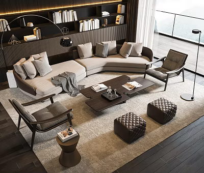 Modern Sofa Coffee Table Set In Living Room With Accent Chairs Ottoman And Decorative Books 3d model