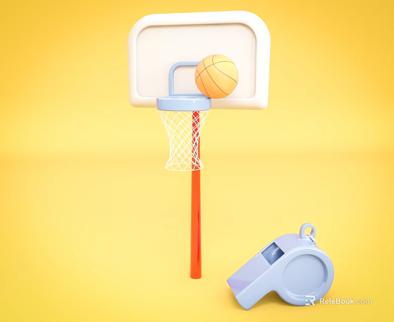 Yellow Background Basketball Hoop With Ball And Blue Whistle For Kids Play 3d model 