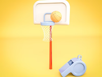 Yellow Background Basketball Hoop With Ball And Blue Whistle For Kids Play 3d model