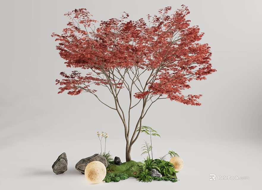 Vibrant Red Leaf Tree Garden Ornament With Stones Green Plants And Round Decorations 3d model 