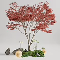 Vibrant Red Leaf Tree Garden Ornament With Stones Green Plants And Round Decorations
