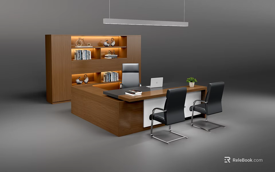 Wooden Office Desk With Computer Two Black Chairs And Wooden Bookshelf With Books 3d model 