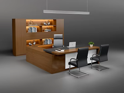 Wooden Office Desk With Computer Two Black Chairs And Wooden Bookshelf With Books 3d model