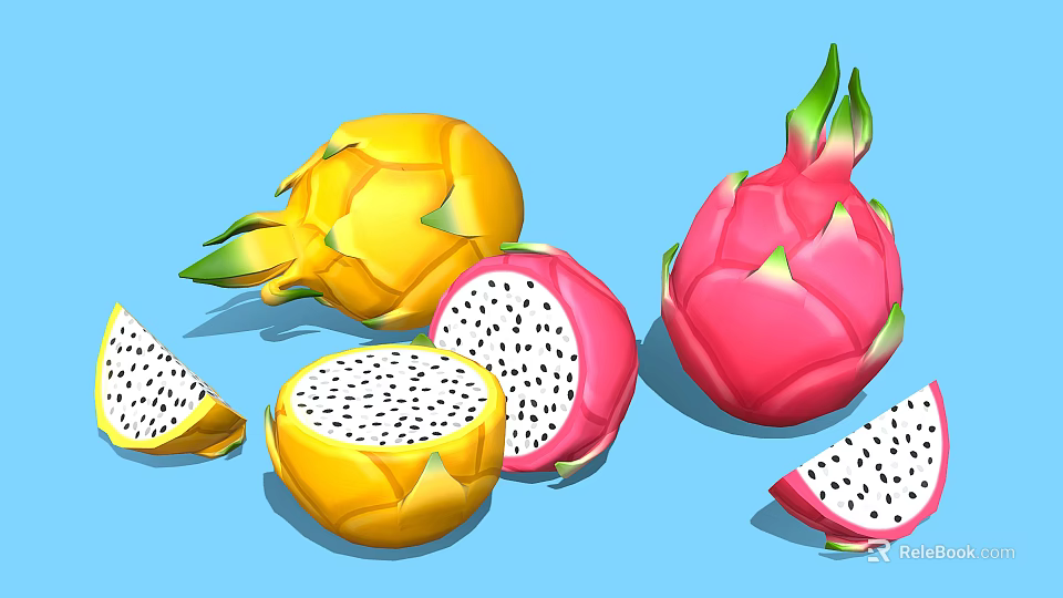 Yellow and Pink Dragon Fruit Whole and Sliced with Black Seeds on Blue Background 3d model 