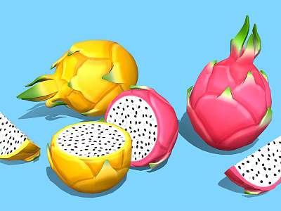 Yellow and Pink Dragon Fruit Whole and Sliced with Black Seeds on Blue Background 3d model