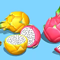 Yellow and Pink Dragon Fruit Whole and Sliced with Black Seeds on Blue Background
