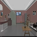 Pink Modern Store Interior With Sofa Coffee Table Mirror And Wall Decorations 3d model
