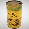 Industrial Equipment Yellow Metal Barrel with Worn Paint and Red Radioactive Warning Symbol