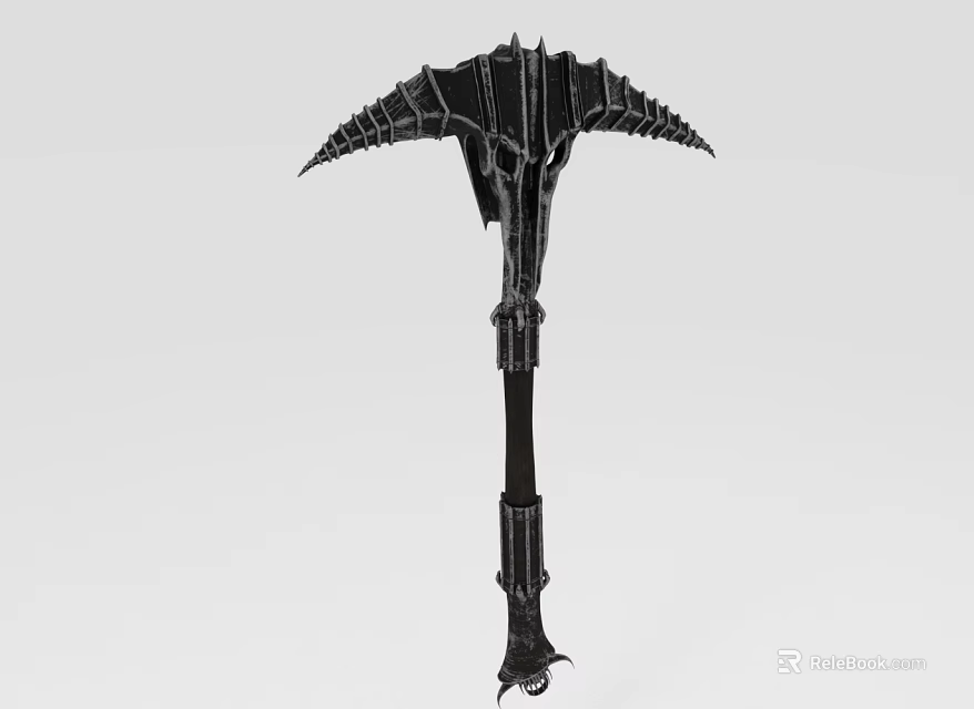 Black Spiked Battle Axe With Intricate Carvings And Long Decorative Handle 3d model 