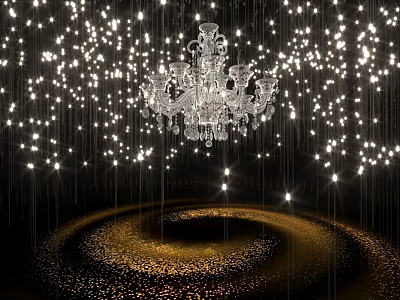 Interactive Zone Featuring Crystal Chandelier And Floating Lights On Golden Floor 3d model