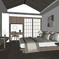 Cozy Hotel Guest Room Interior With Wooden Ceiling Japanese Style Sliding Doors And Comfortable Bed