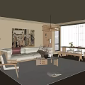 Modern Living Room Interior With Sofa Rug Artwork And Bookshelf Near Window