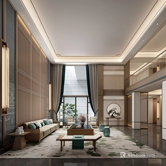 Duplex Living Room with Wooden Walls Large Windows Curtains Sofa Coffee Table And Green Plants 3d model 