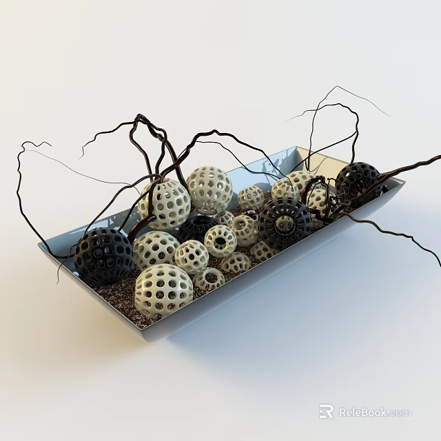 Decorative Ornament Set With Rectangular Tray Various Balls Black Twigs And Gravel 3d model 