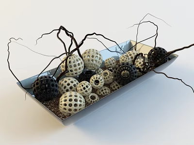 Decorative Ornament Set With Rectangular Tray Various Balls Black Twigs And Gravel 3d model