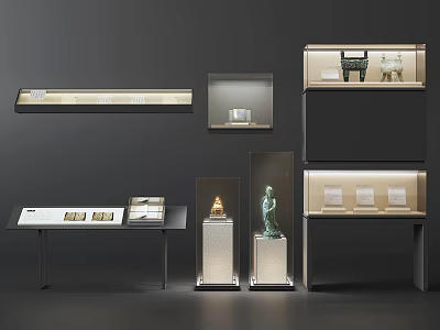 Modern Display Shelves With Glass Panels And Metal Frames For Museum Exhibits 3d model