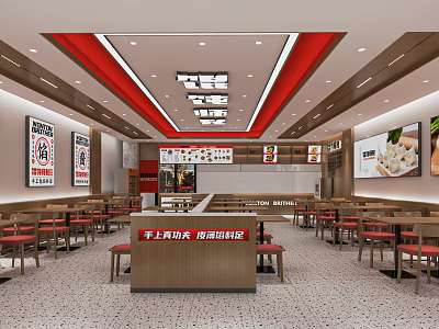 Modern Restaurant Interior With Red Ceiling Accents Tables Chairs Counter And Wall Posters 3d model