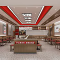 Modern Restaurant Interior With Red Ceiling Accents Tables Chairs Counter And Wall Posters