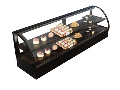 Commercial Dessert Display Case With Curved Glass Top And Pastry Arrangement 3d model