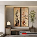 Bamboo Themed Botanical Paintings as Wall Decor in Interior with Real Bamboo Plant