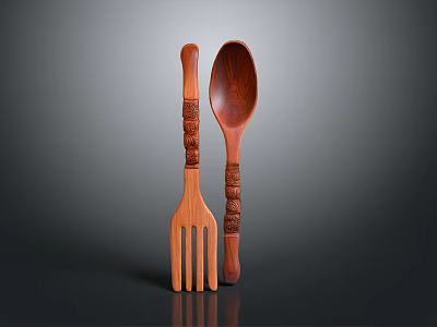 Sculpted Carved Wooden Spoon And Fork With Intricate Handle Patterns 3d model