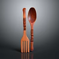 Sculpted Carved Wooden Spoon And Fork With Intricate Handle Patterns
