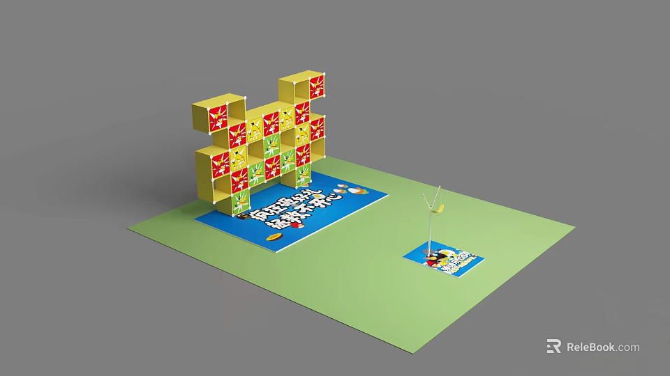 Yellow Cube Structure With Red Patterns On Blue Platform And Small Figures 3d model 