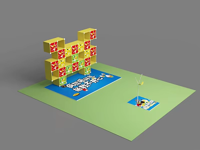 Yellow Cube Structure With Red Patterns On Blue Platform And Small Figures 3d model