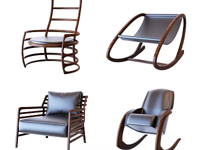 Comfortable Leisure Chairs With Wooden Frames And Stylish Leather Seats In Various Designs 3d model