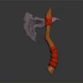 Medieval Battle Axe Weapon With Gray Intricate Head And Wooden Red Strapped Handle