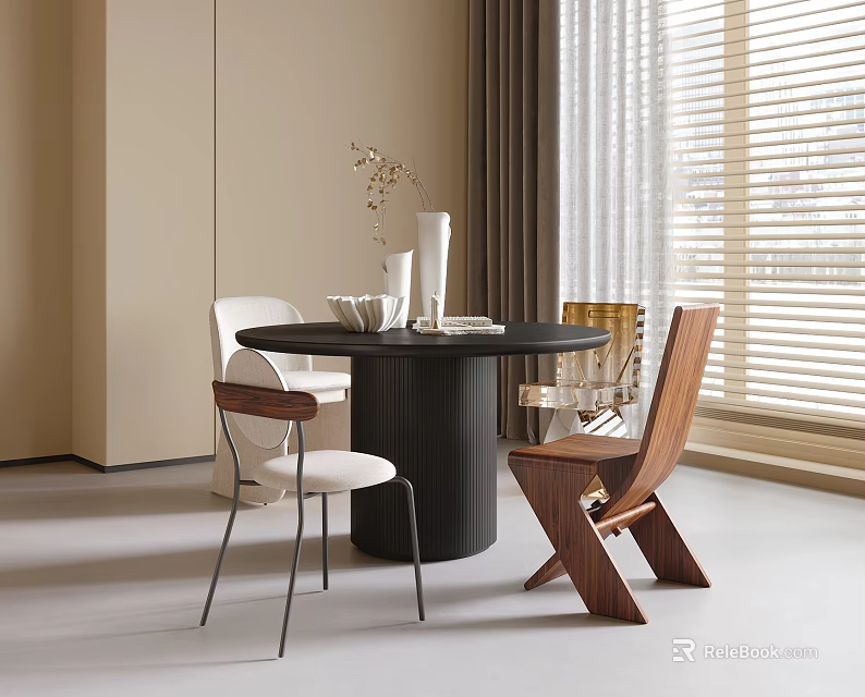 Black Round Dining Table With White And Wooden Chairs In Interior With Window Blinds 3d model 