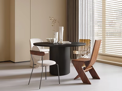 Black Round Dining Table With White And Wooden Chairs In Interior With Window Blinds 3d model