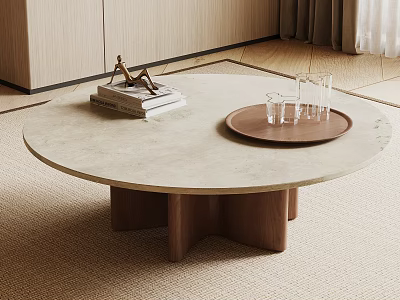 Round Marble Top Coffee Table With Wooden Geometric Legs And Books Sculpture Tray 3d model