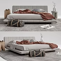 Modern Double Bed Interior With Gray Frame Red Blanket Pillows Wooden Nightstand And Magazines