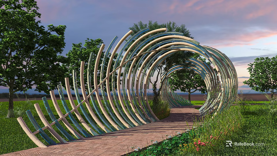 Curved Pergola With Wooden And Glass Slats Along Brick Pathway In Sunset Garden 3d model 