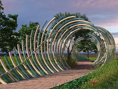 Curved Pergola With Wooden And Glass Slats Along Brick Pathway In Sunset Garden 3d model