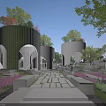 Scenic Garden Landscape With Greenery Covered Structures Stone Paved Pathway And Water Feature