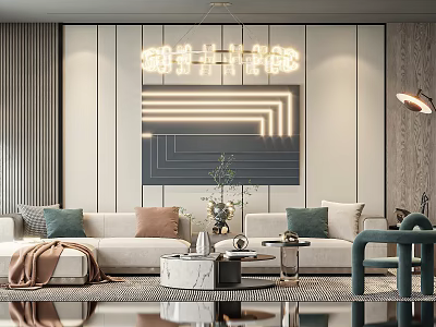 Modern Sofa and Coffee Table Set with Beige Sofa Marble Table Geometric Rug Neon Decor 3d model