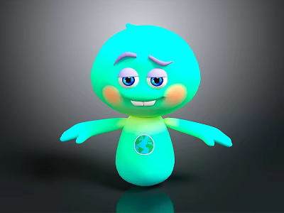 Glowing Green Doll with Blue Eyes Pink Cheeks Earth Symbol on Belly and Open Arms 3d model