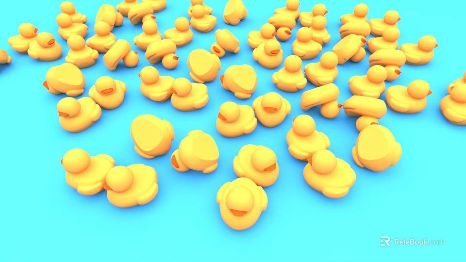 Numerous Yellow Rubber Duck Dolls Scattered on Blue Background 3d model