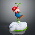 Mario Character Climbing Green Plant Stem With Red Hat Blue Overalls And Cloud Base